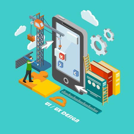 Isometric ui ux design concept. Flat poster with notation and markers. Vector illustrationのイラスト素材