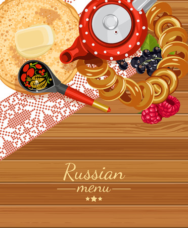 Vector food illustration. Russian cuisine. Top view. Russia. Menu backgroundのイラスト素材