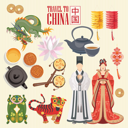 China travel vector illustration. Chinese set with architecture, food, costumes, traditional symbols in vintage style. Chinese text means China