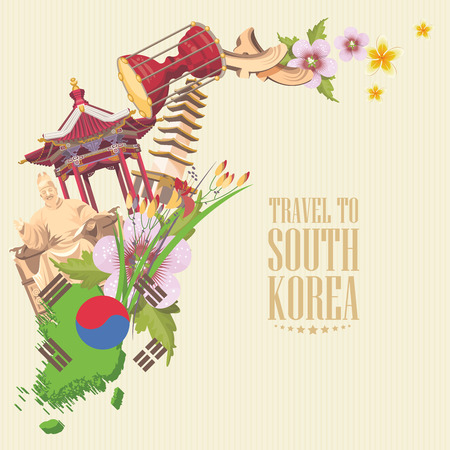 South Korea travel poster with pagodas and traditional signs. Korea Journey card with korean objectsのイラスト素材