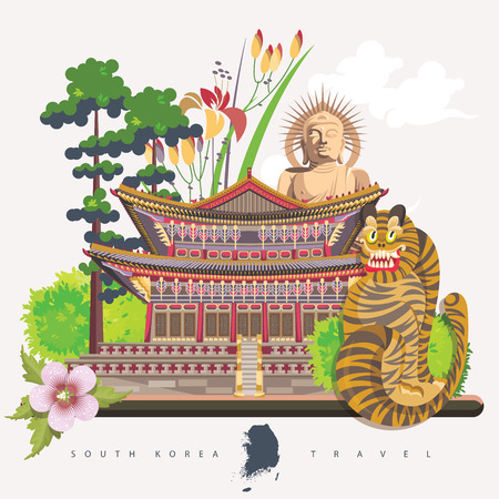 South Korea travel poster with pagodas and traditional signs. Korea Journey card with korean objectsのイラスト素材