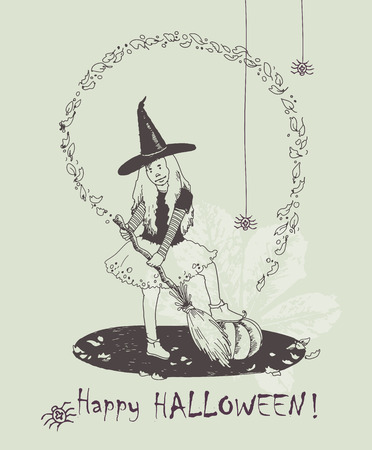 Halloween greeting card. Hand drawn Halloween poster with witch in black hat. Halloween illustration in vintage style.のイラスト素材