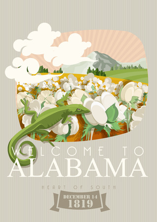 Alabama vector poster with american theme. Unites States of America card. USA travel bannerのイラスト素材