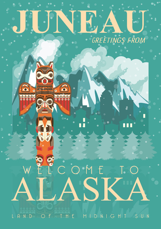 Alaska vector poster with american theme. Unites States of America card. USA travel bannerのイラスト素材
