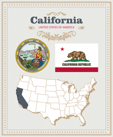High detailed vector set with flag, coat of arms, map of California. American poster. Greeting card from United States of America.のイラスト素材