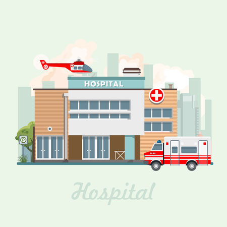 Hospital building vector illustration in flat design. Modern clinic with helicopterのイラスト素材
