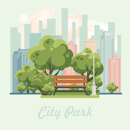 City park vector illustration with bench, trees, plants in flat design. Green landscape. Outdoor activities.のイラスト素材