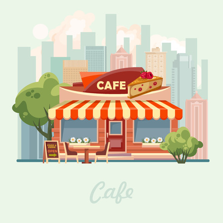 City cafe vector illustration in flat design. Urban landscape.のイラスト素材