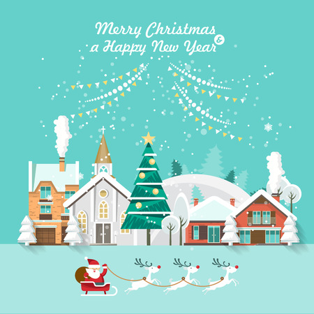 Merry Christmas and a Happy New Year vector greeting card in modern flat design. Christmas town.のイラスト素材