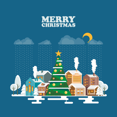 Merry Christmas and a Happy New Year vector greeting card in modern flat design. Christmas town.のイラスト素材