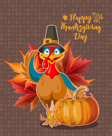 Happy Thanksgiving day. Vector greeting card with autumn fruit, vegetables, leaves and flowers. Harvest festivalのイラスト素材