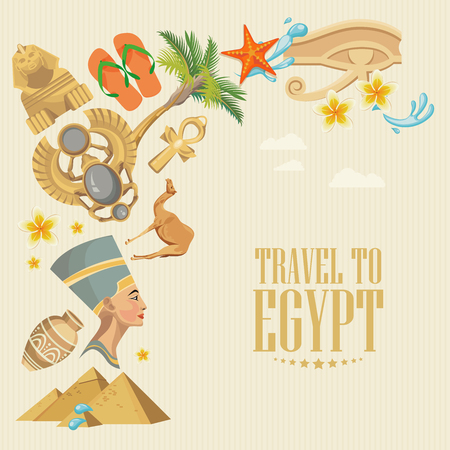 Egypt travel vector. Egyptian traditional icons in flat design. Holiday banner. Vacation and summer.のイラスト素材