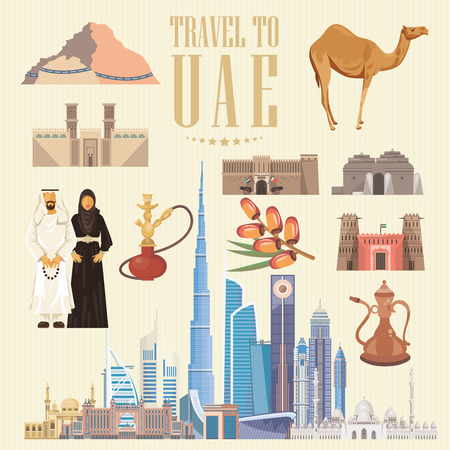 Vector travel poster of United Arab Emirates. UAE template with modern buildings and mosque in light style.のイラスト素材