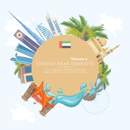 Vector travel poster of United Arab Emirates. UAE template with modern buildings and mosque in light style.のイラスト素材