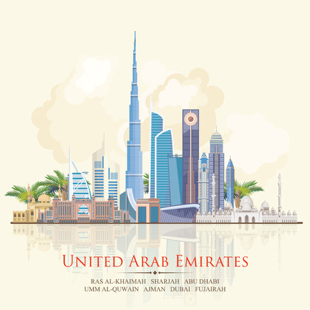 Vector travel poster of United Arab Emirates. UAE template with modern buildings and mosque in light style.のイラスト素材