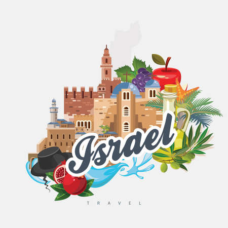 Israel vector banner with jewish landmarks. Travel poster in flat designのイラスト素材