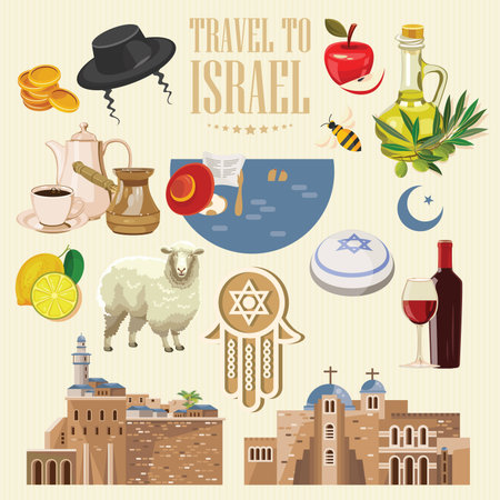Israel vector banner with jewish landmarks. Travel poster in flat designのイラスト素材