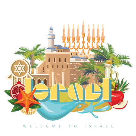 Israel vector banner with jewish landmarks. Travel poster in flat designのイラスト素材