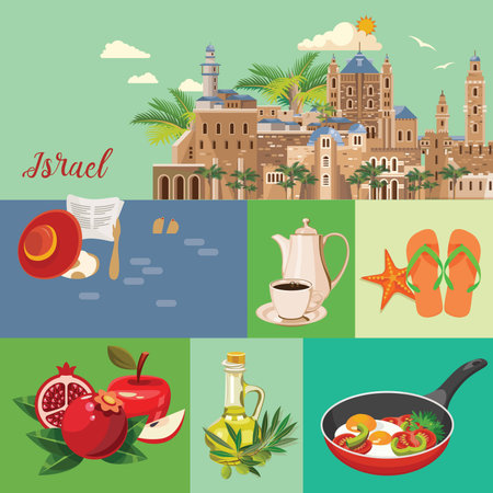Israel vector banner with jewish landmarks. Travel poster in flat designのイラスト素材