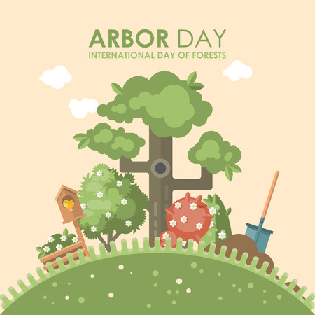 Arbor day vector flat illustration with tree and forest.のイラスト素材