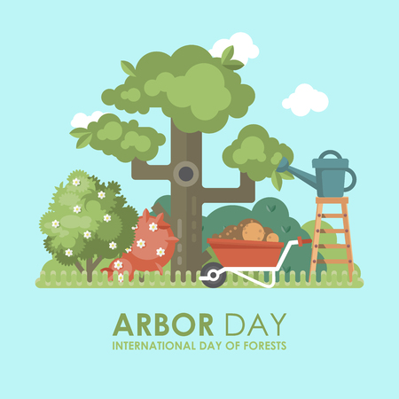 Arbor day vector flat illustration with tree and forest.のイラスト素材