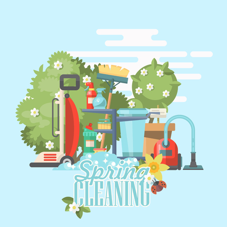 Spring cleaning vector illustration in modern flat style.のイラスト素材