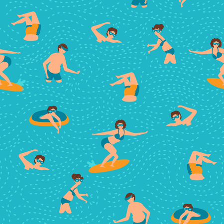 Seamless vector pattern with swimming people in scandinavian style.のイラスト素材