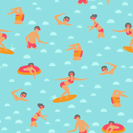 Seamless vector pattern with swimming people in scandinavian style.のイラスト素材