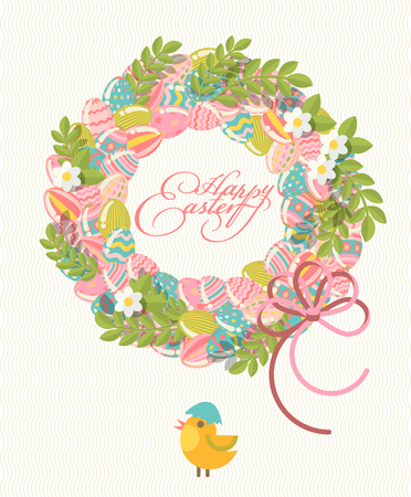 Happy Easter modern greeting card in pastel colors with colorful eggs, spring flowers and holidays objects.のイラスト素材