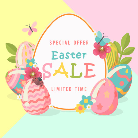 Easter sale special offer poster with eggs and spring flowers. Modern template with pastel colors.のイラスト素材