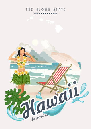 Hawaii vector travel illustration with colorful background. Summer template. Beach resort. Sunny vacationsのイラスト素材