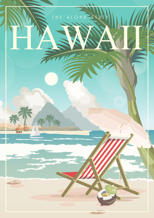 Hawaii vector travel illustration with colorful background. Summer template. Beach resort. Sunny vacationsのイラスト素材