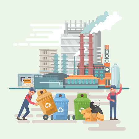 Garbage container vector illustration in modern style. Trash can set with rubbish. Refuse processing plantのイラスト素材