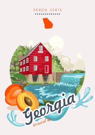 Georgia USA postcard. Peach state vector poster. Travel background in flat style.のイラスト素材
