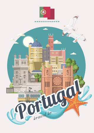 Portugal travel vector postcard in modern flat style with Lisbon buildings and portuguese souvenirs. Lisbon cityのイラスト素材