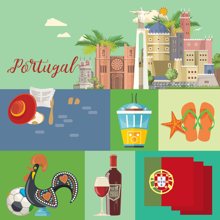 Portugal travel vector postcard in modern flat style with Lisbon buildings and portuguese souvenirs. Lisbon cityのイラスト素材