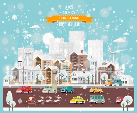 Christmas snow town with city roads, cars and cute houses. Happy New Year vector template in modern flat design.のイラスト素材