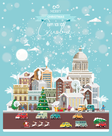 Christmas wishes from Cuba. Modern vector greeting card in flat style with snowflakes, winter city, decorations, cars and happy people.のイラスト素材