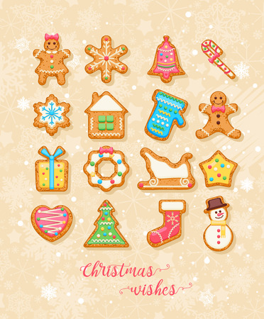 Christmas wishes. Cute Xmas card with colorful funny gingerbread on background with snowflakes. Vector greeting poster.のイラスト素材