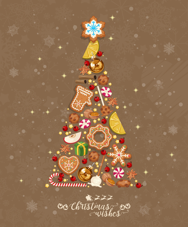 Christmas wishes. Cute Xmas card with colorful funny gingerbread on background with snowflakes. Vector greeting poster.のイラスト素材