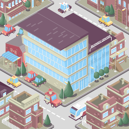 City district in isometric 3d style. Vector town. Set of buildings, houses, townhouses, multi-family homes, shop, bar, school, hospital, car parking.のイラスト素材