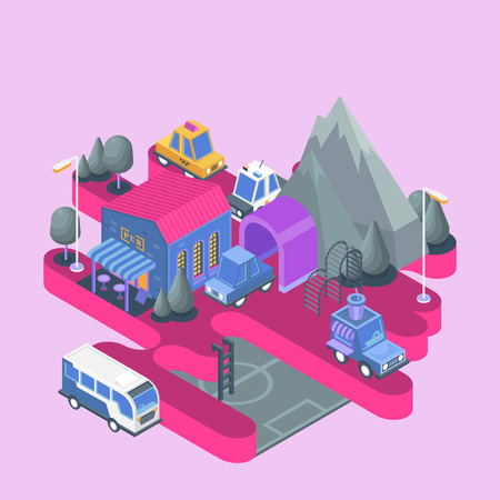 Isometric view. Modern city building. Town block with colorful cafe and cars.のイラスト素材