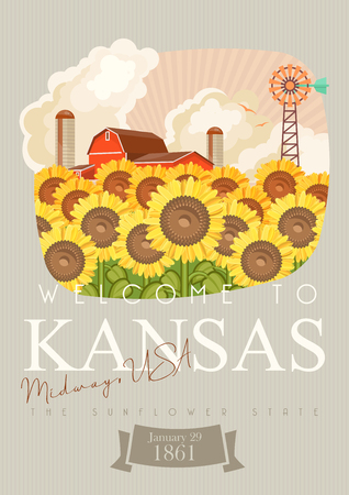 Kansas is a US state. Vector concept of tourist postcard and souvenir. Beautiful places of the United States of America on posters.のイラスト素材