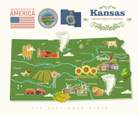 Kansas is a US state. Vector concept of tourist postcard and souvenir. Beautiful places of the United States of America on posters.のイラスト素材