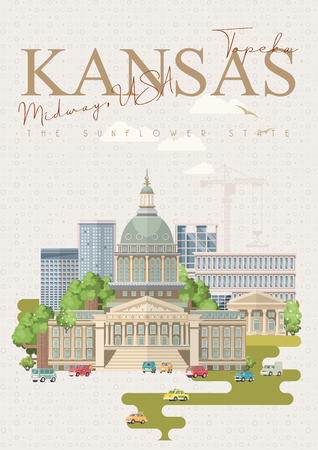 Kansas is a US state. Vector concept of tourist postcard and souvenir. Beautiful places of the United States of America on posters.のイラスト素材
