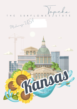 Kansas is a US state. Vector concept of tourist postcard and souvenir. Beautiful places of the United States of America on posters.のイラスト素材