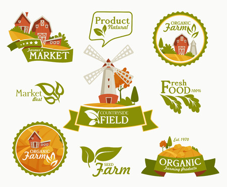 Farming landscape concept. Vector illustration with barn, houses and country yard. American farm in the summer. Poster of organic fresh food.のイラスト素材