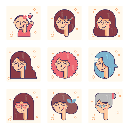 Set of pictograms with a person of different ages. From baby girl to adult woman vector concept.のイラスト素材