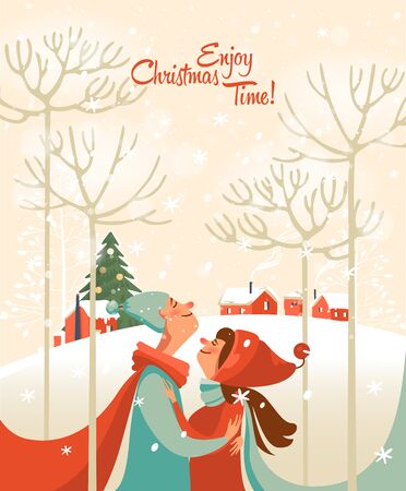 Enjoy Christmas time. Happy New year and a very Merry Christmas. Greeting postcard in a colorful design with snowflakes and beautiful winter.のイラスト素材