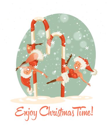 Enjoy Christmas time. Happy New year and a very Merry Christmas. Greeting postcard in a colorful design with snowflakes and beautiful santa girls.のイラスト素材